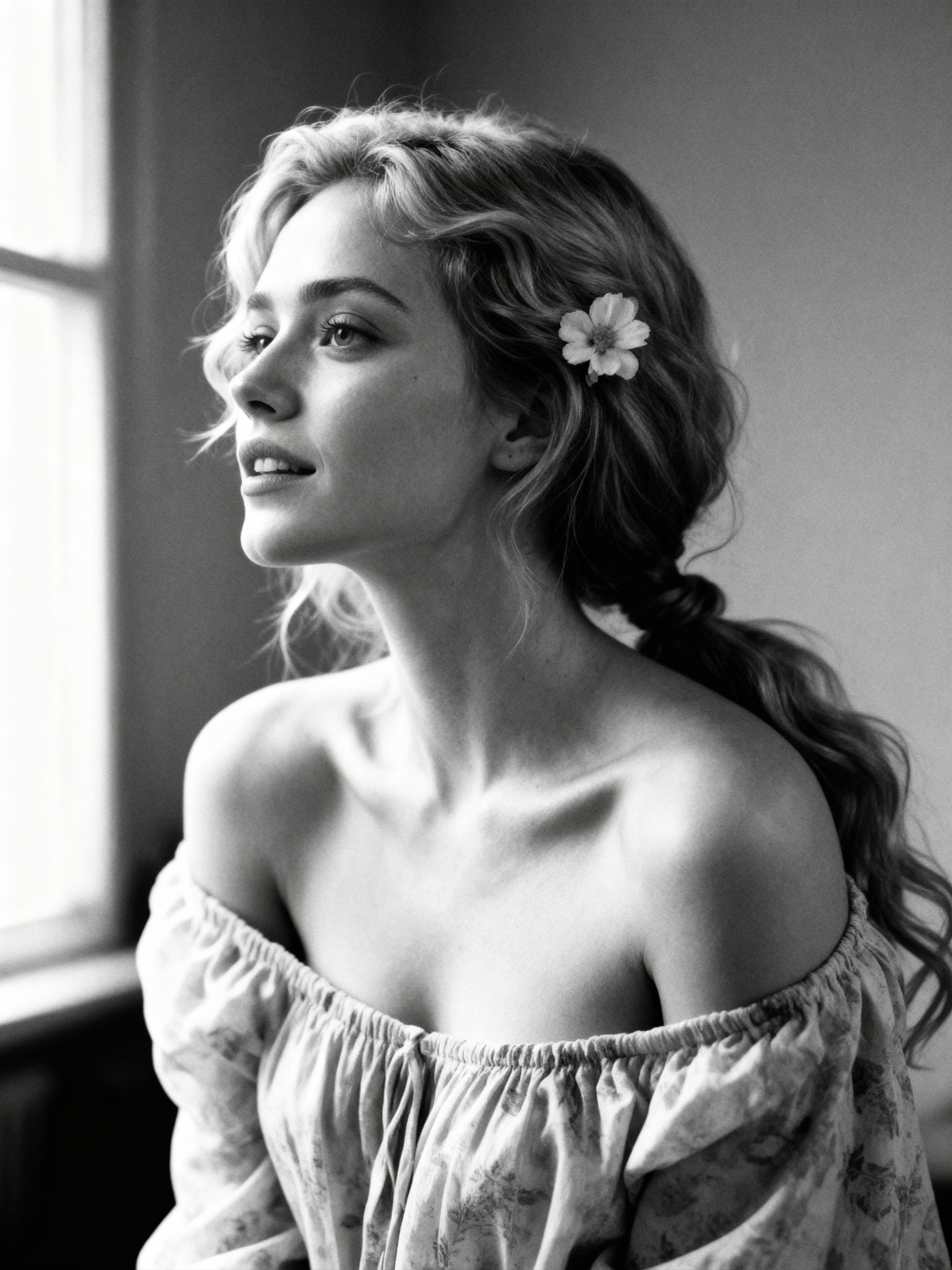 Upward glance into light; calm expression, flower clip