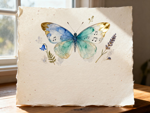 Watercolour butterfly on handmade paper with musical notes and gold leaf.