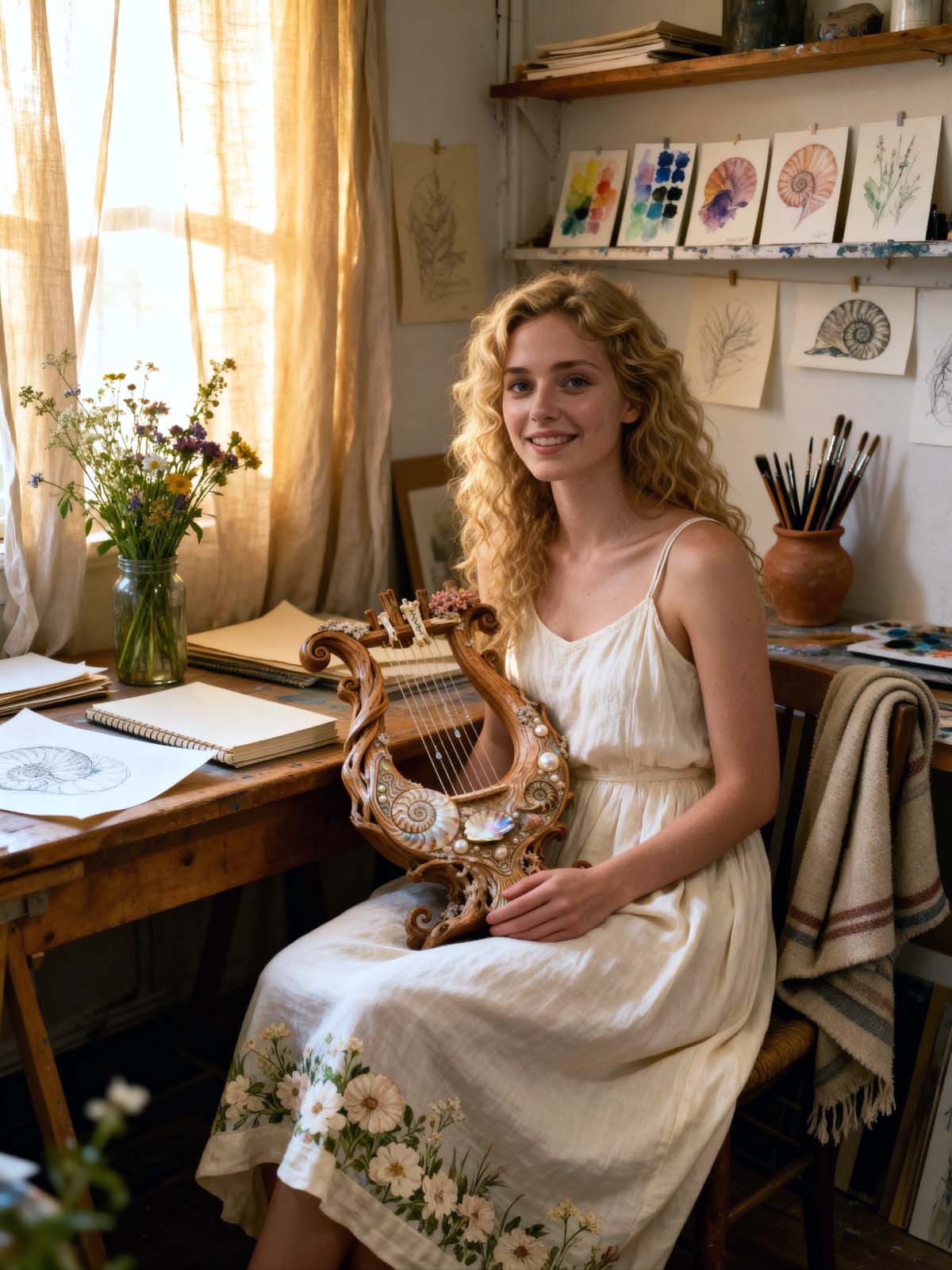 Emily Foster in her studio, holding the sea-lyre
