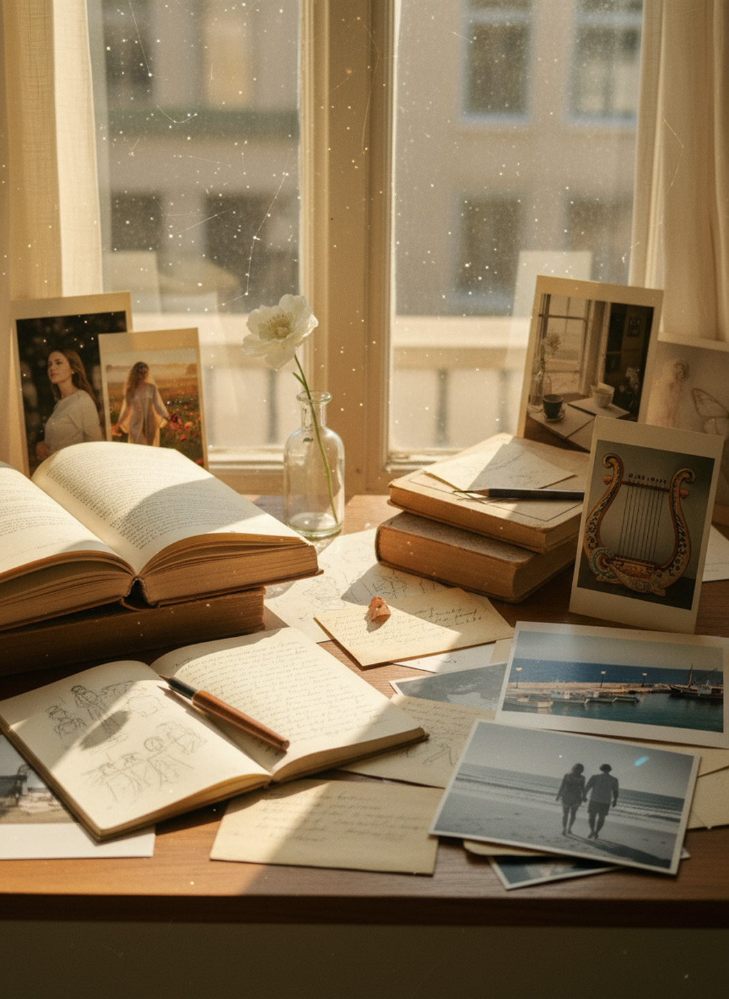 Book of Light cover — sunlit desk with books, photos and a single white flower.