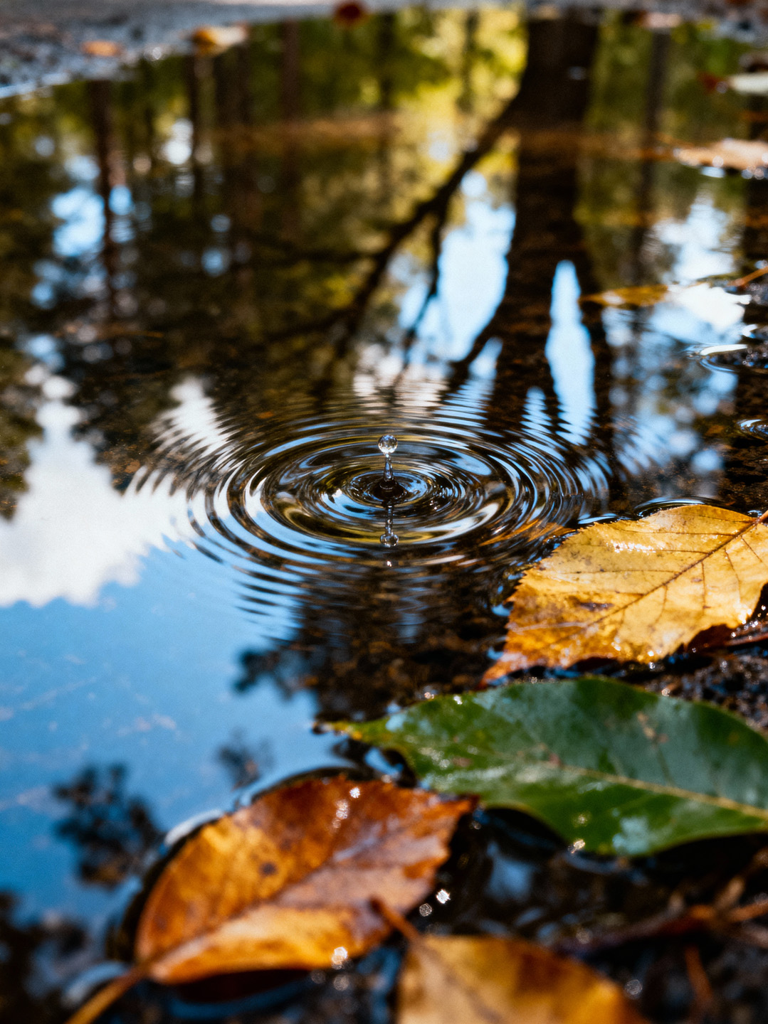 Ripples in a clear pool among autumn leaves