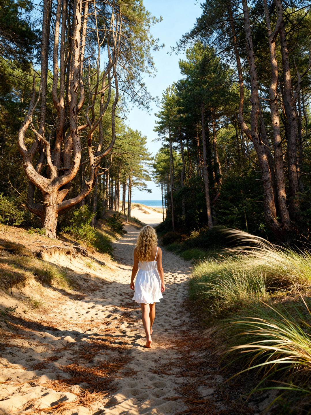 Pine path to the dunes, a barefoot figure walking ahead