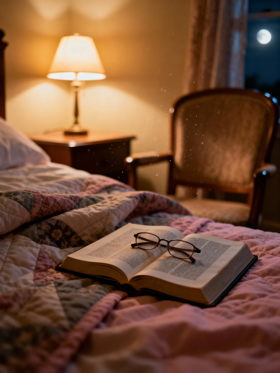 Bedside lamp, quilt, open book and moon outside the window
