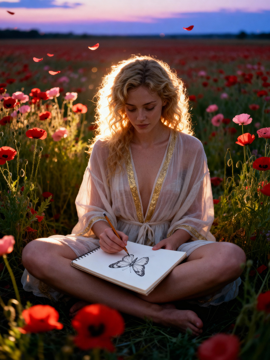 Emily Foster sits cross-legged among poppies at sunset, sketching a butterfly in her notebook as drifting petals glow in the last light.