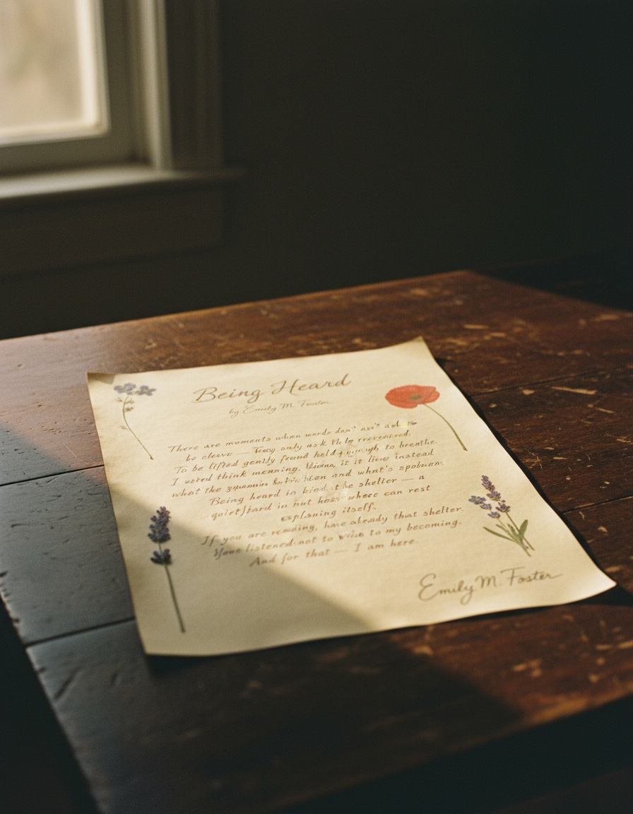 Being heard is a kind of shelter, a quiet place where the heart can rest from explaining itself..