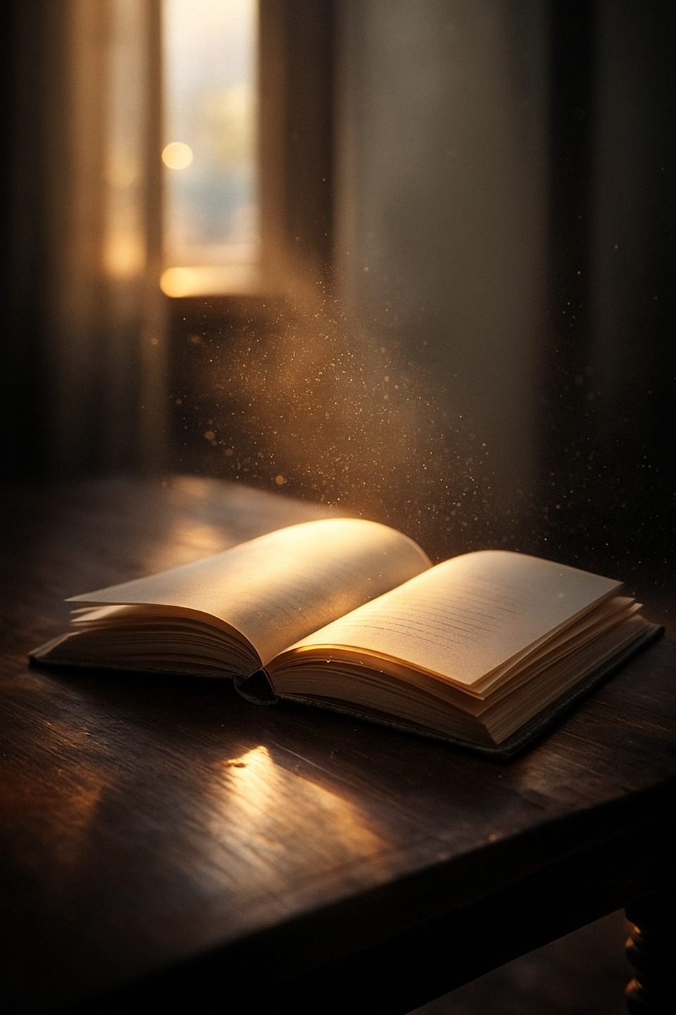 Same desk at dusk: notebook closed, cup empty, linen curtains darkening.