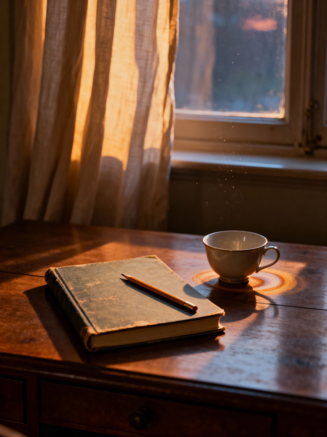 A desk at dusk, notebook closed, with tea cooling and linen curtains darkening.