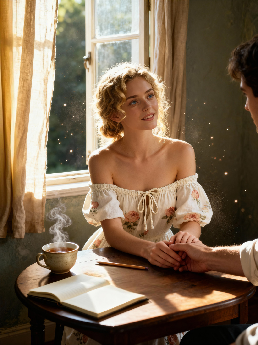 An open book on a quilt with a lamp and moonlit window.