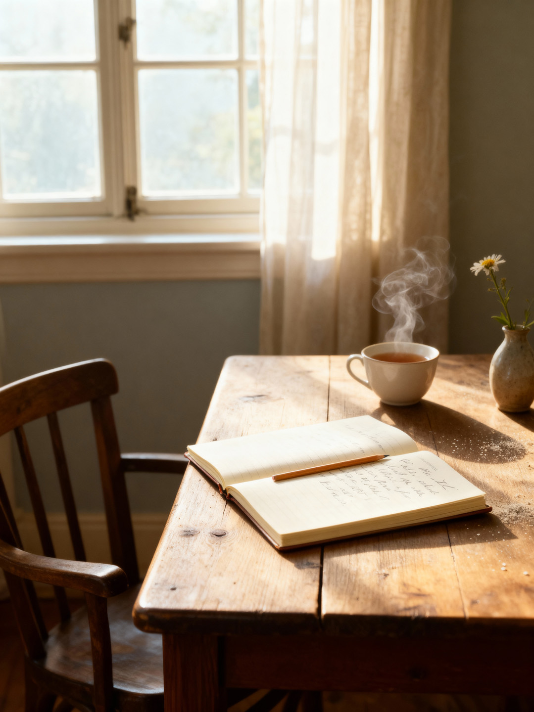 A sunlit desk with a notebook, steaming mug, and a vase by the window.