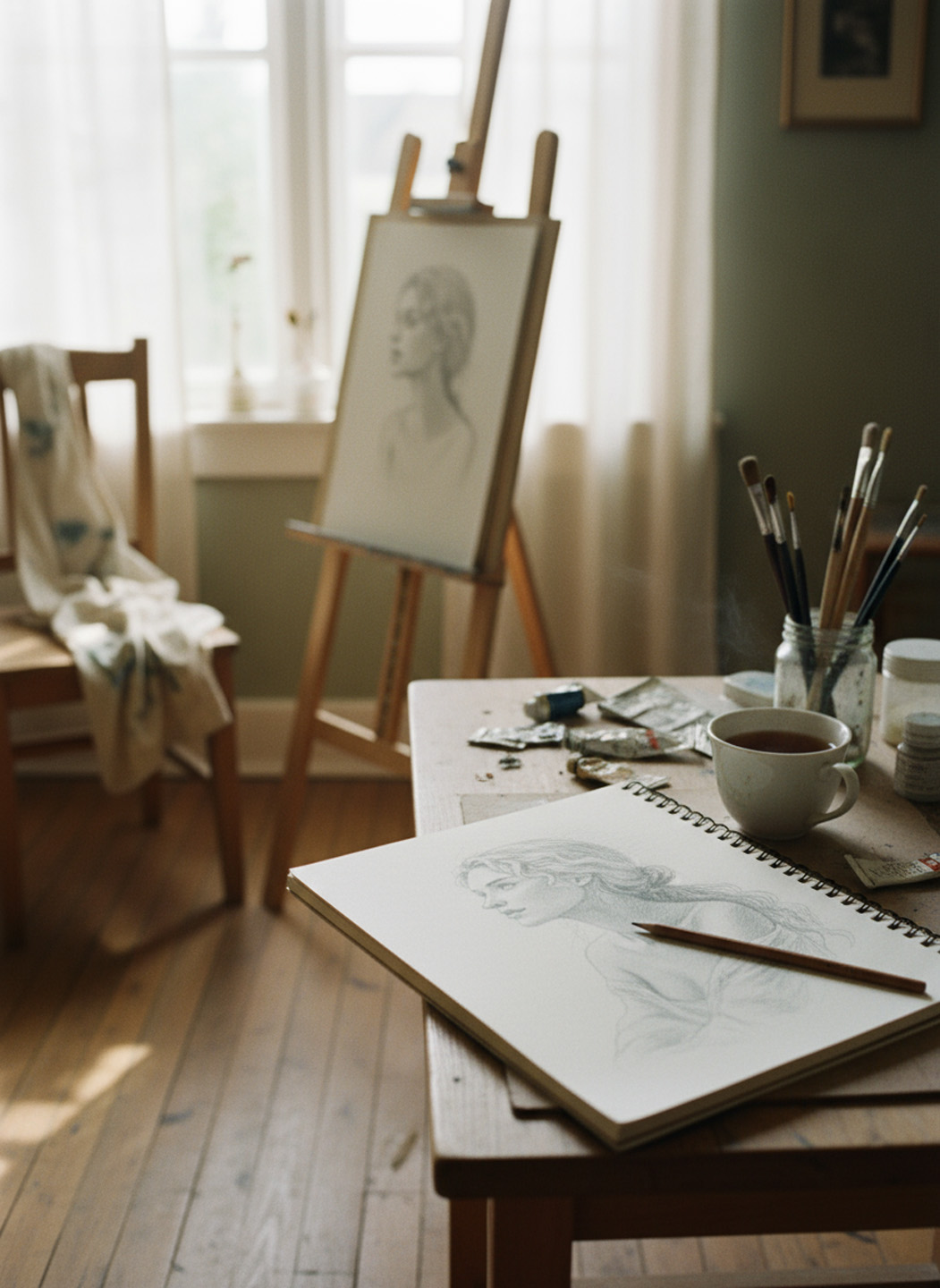 An artist's studio: easel, brushes, and a clean desk.