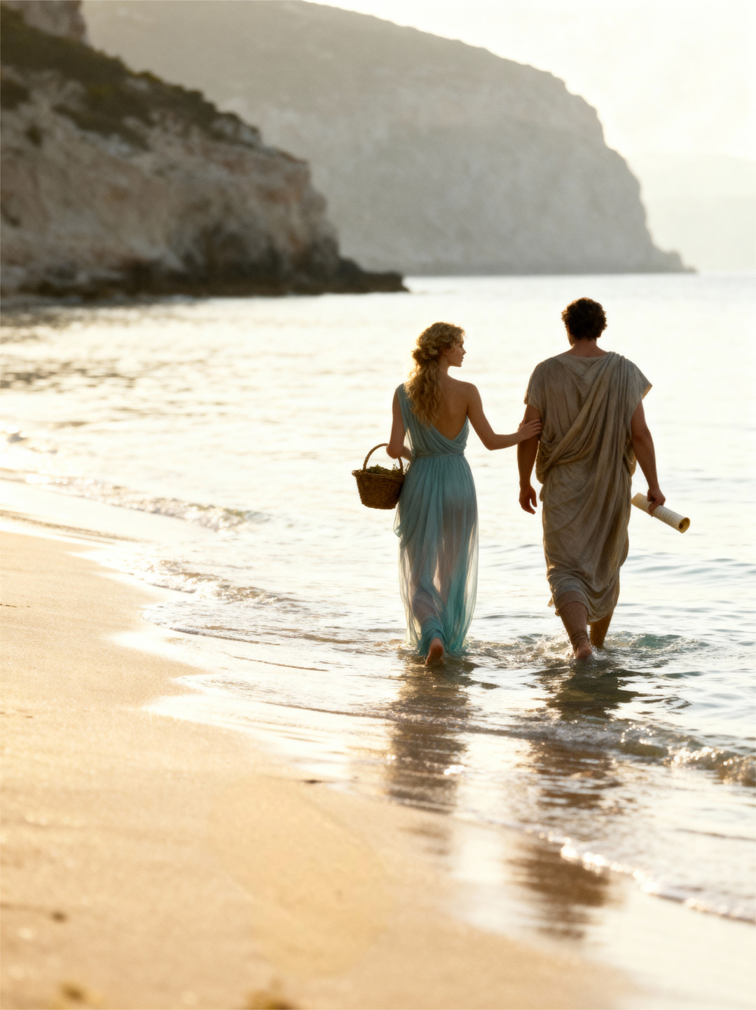 Two figures walking together along the water's edge.