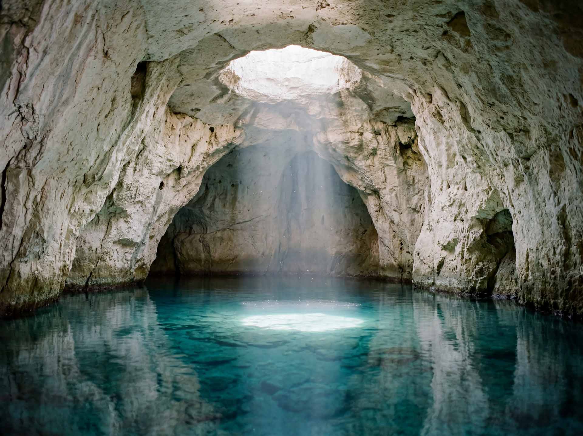 Quiet Continuum — a hidden cave with soft light falling onto still water.