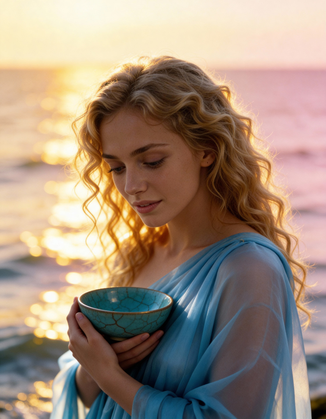 Emily holding the bowl, moonlight glinting on its glaze