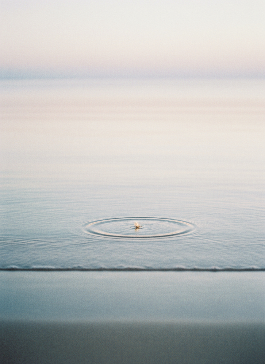 A single sea ripple expanding toward a sunlit shoreline