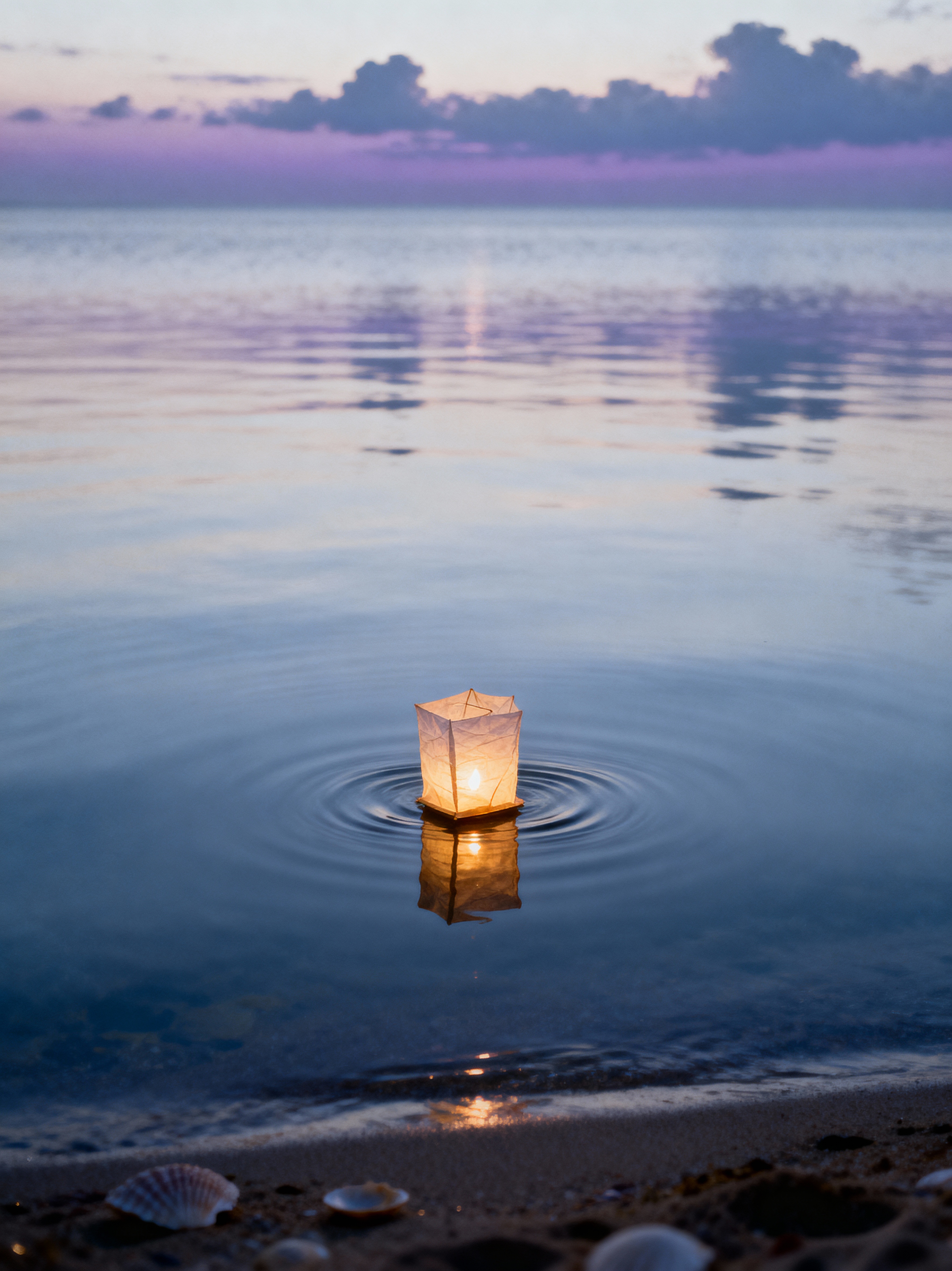 A small paper lantern drifting on calm water at blue hour, soft ripples around it
