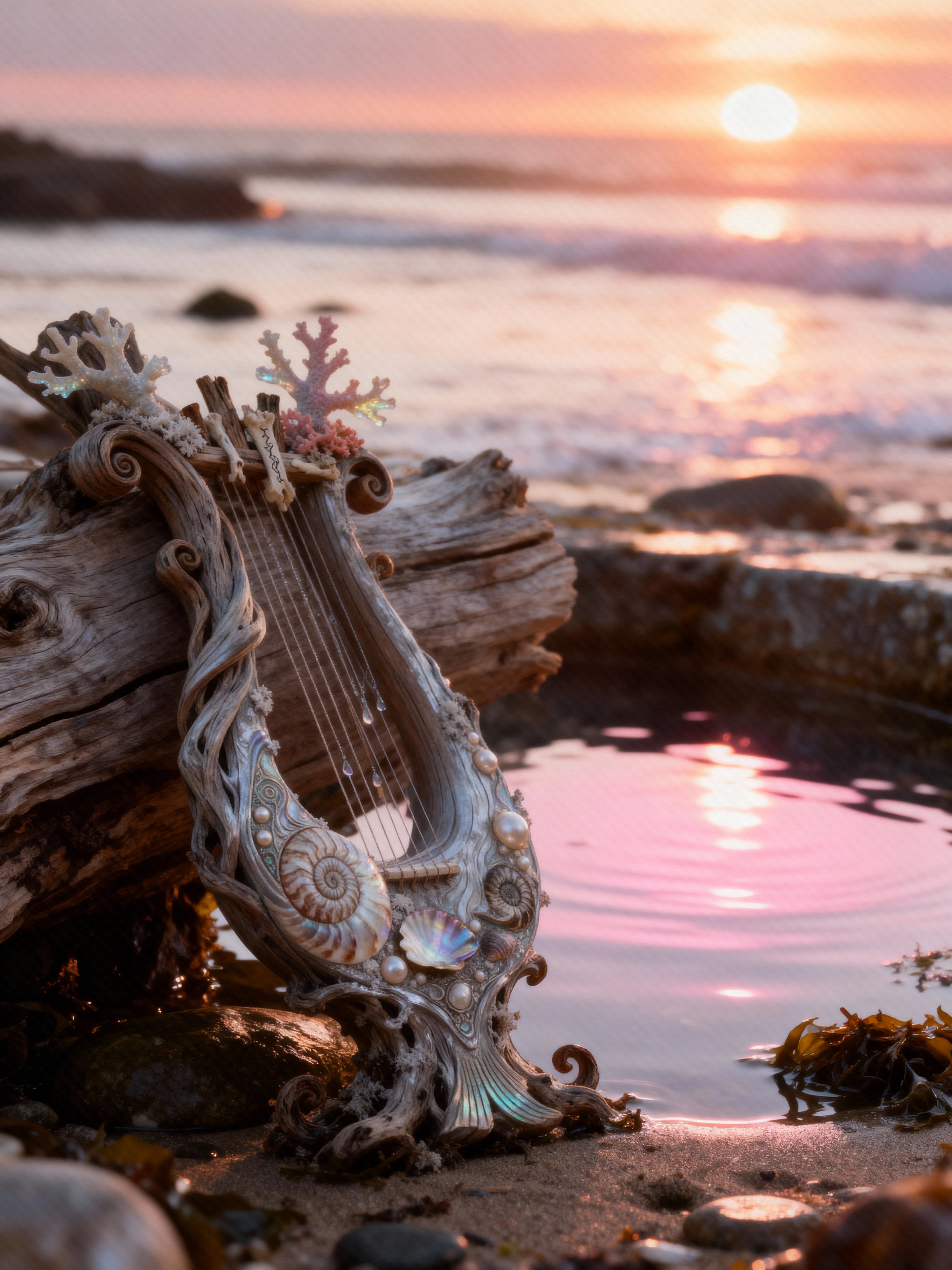 The Sea‑Lyre resting against driftwood at dusk, tidepool beyond