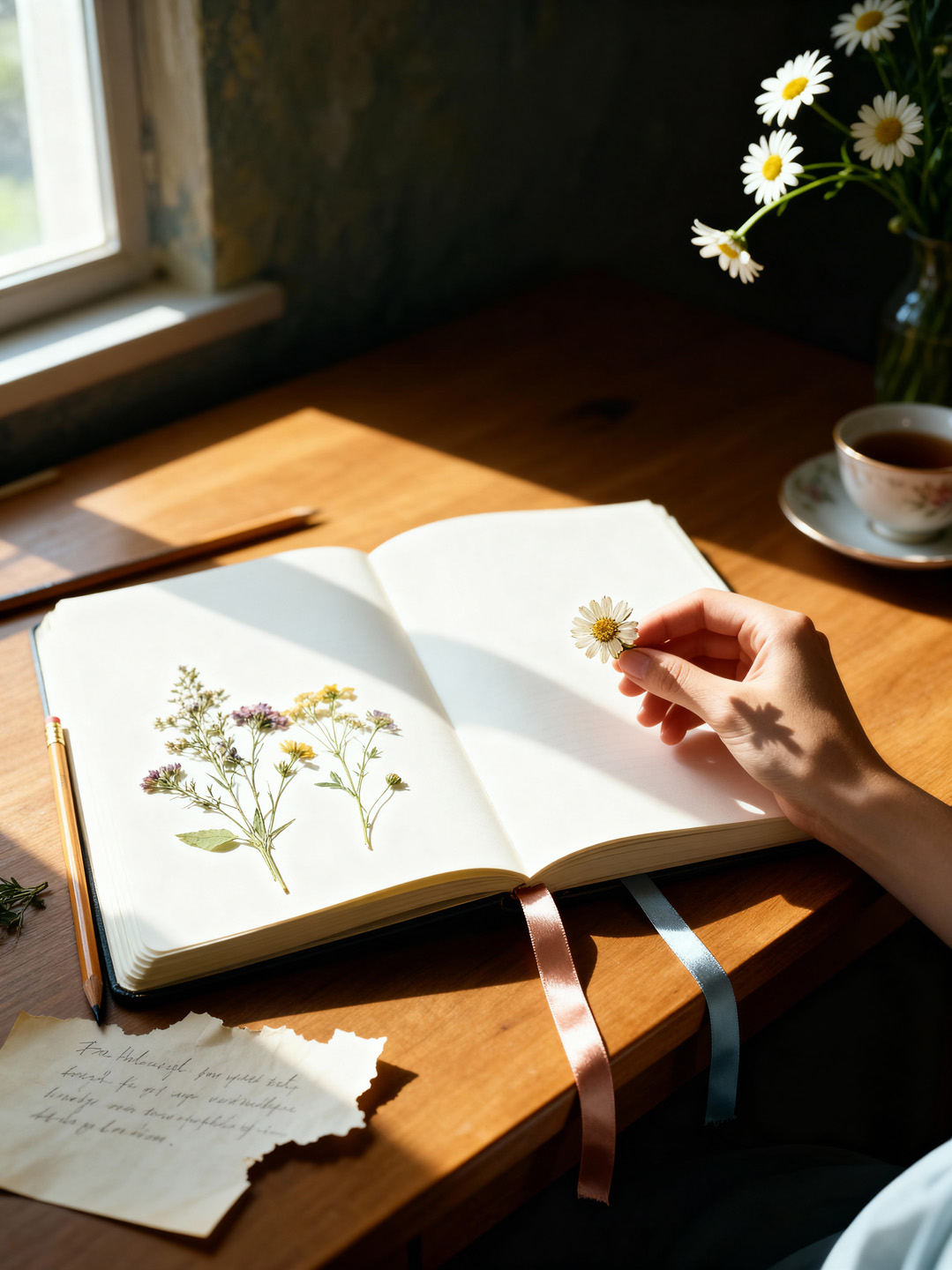 Pressed flowers arranged on handmade paper in the studio.