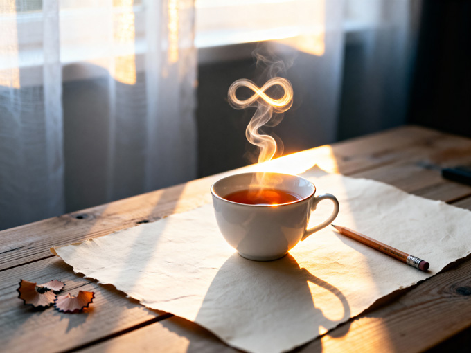 Teacup by the window at 4:37, painted in warm evening light.